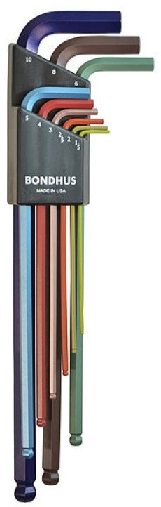 BONDHUS zestaw kluczy imbusów kolorowanych długich z końcówką kulistą 9-sztukowy (1,5-10mm)