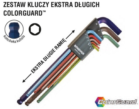 BONDHUS zestaw kluczy imbusów kolorowanych długich z końcówką kulistą 9-sztukowy (1,5-10mm)