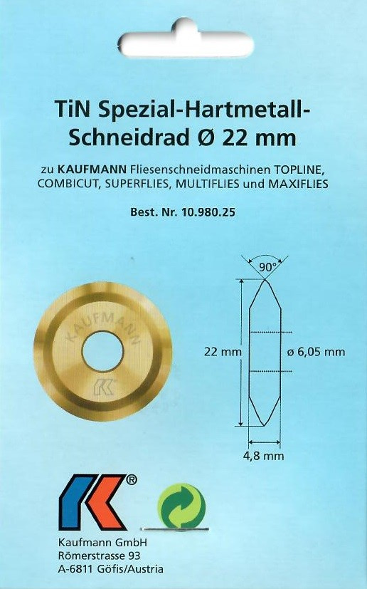 KAUFMANN Kółko tnące PROFI TIN 22 mm do TopLine, grubość 4,8 mm, otwór 6,05 mm, profesjonalne, mocno utwardzone, pokryte tytanem KAUFMANN Kółko tnące PROFI TIN 22 mm do TopLine, grubość 4,8 mm, otwór 6,05 mm, profesjonalne, mocno utwardzone, pokryte tytanem