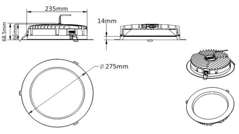 Oprawa wpuszczana Downlight LED 28W/38W 4959lm 3000K/3400K/4000K IP44 fi 275mm 230V biały / aluminium tworzywo