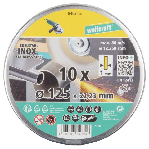Tarcza korundowa 125X1 do cięcia stali nierdzewnej 10 sztuk. WOLFCRAFT