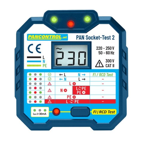 Tester gniazdek PANSOCKET-TEST-2 RCD 30 mA KAT II 300 V 90-250V