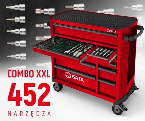 Wózek narzędziowy 7 szuflad st95114g pro czerwony st09929g-xxl zestaw wkładek piankowych eva combo xxl 452 narzędzia sata