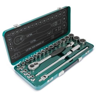 Zestaw 25 cz. kluczy nasadowych 1/2" 12- kątne w metalowej kasecie sata