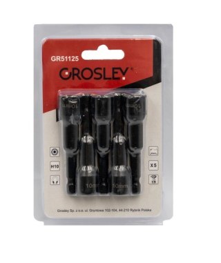 Zestaw 5 nasadek 10 mm z uchwytem hex 1/4" - długość 65mm Grosley