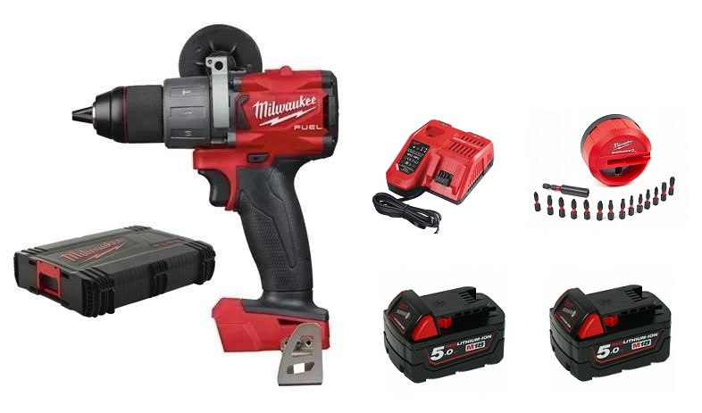 Zestaw: Wiertarko-wkrętarka udarowa Milwaukee M18 FPD2 + 2x aku 5AH + szybka ładowarka + zestaw bitów Zestaw: Wiertarko-wkrętarka udarowa Milwaukee M18 FPD2 + 2x aku 5AH + szybka ładowarka + zestaw bitów