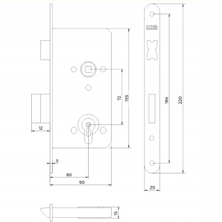 Zamek wpuszczany na klucz 72/60 LOB