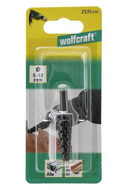 Zdzierak do metalu stożkowy Wolfcraft ø5-12mm; średnica trzpienia: ø6,35mm; długość powierzchni zdzierajacej: 35mm