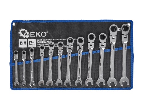 Komplet kluczy płasko-oczkowych GEKO z grzechotką łamanych 12 el. 8-19mm