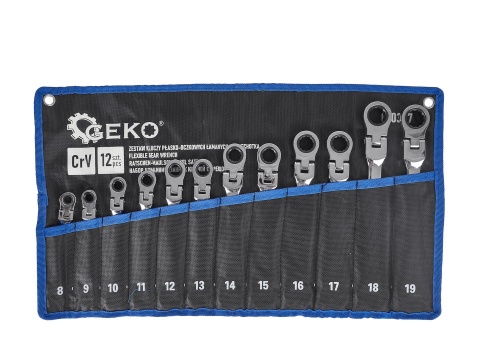 Komplet kluczy płasko-oczkowych GEKO z grzechotką łamanych 12 el. 8-19mm