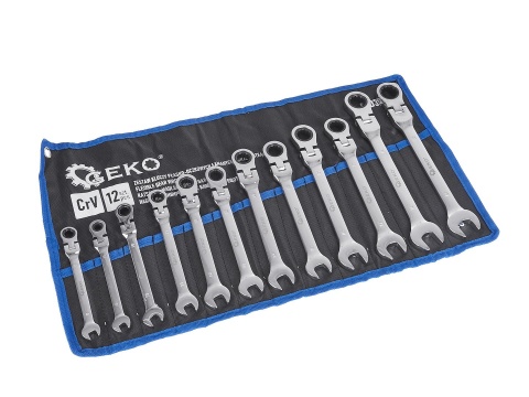 Komplet kluczy płasko-oczkowych GEKO z grzechotką łamanych 12 el. 8-19mm