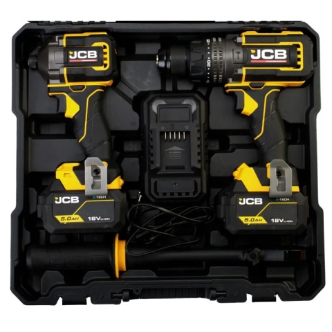 JCB Pro Power Tools 18V Zestaw (2 narzędzia) Wiertarko-wkrętarka udarowa (160 Nm) Zakrętarka udarowa (230 Nm) 2x akumulator 