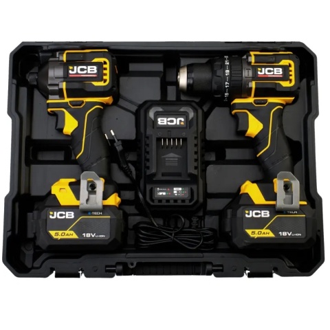 JCB Pro Power Tools 18V Zestaw kompaktowy (2 narzędzia) Wiertarko-wkrętarka udarowa (75 Nm) Zakrętarka udarowa (230 Nm) 2x a