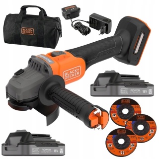 Akumulatorowa szlifierka kątowa 115mm 18V, Black Decker 2x2,0Ah