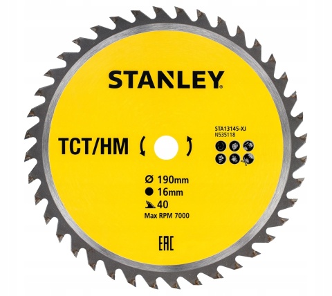 Piła tarczowa z węglikiem TCT/HM 190 x 16 x 40z Stanley STA13145-XJ
