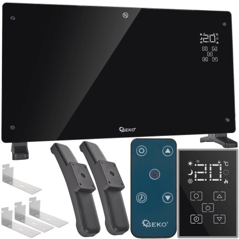 Grzejnik konwektorowy szklany czarny z LCD, pilotem sterowania i WiFi 2500W (1) Geko