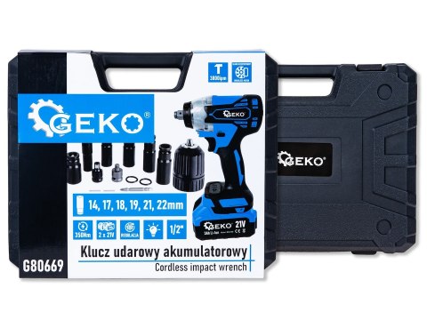 Klucz udarowy akumulatorowy bezszczotkowy 350Nm 2x3.0Ah 21V - zestaw XXL (5) Geko