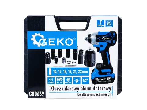 Klucz udarowy akumulatorowy bezszczotkowy 350Nm 2x3.0Ah 21V - zestaw XXL (5) Geko