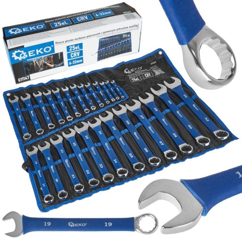Klucze płasko-oczkowe polerowane z gumowym uchwytem AntiSlip 6-32mm 25el. CRV (4) Geko