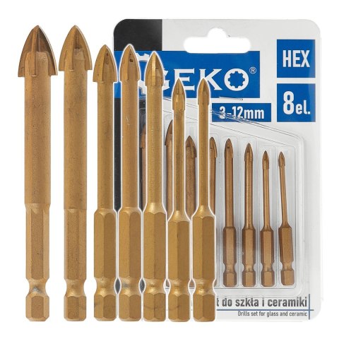 Kpl. wierteł do szkła i ceramiki 8el. HEX 3-12mm (120) Geko