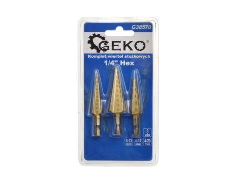 Kpl.wierteł stożkowych 1/4" Hex 3szt. (3-12,4-12,4-20mm) Geko