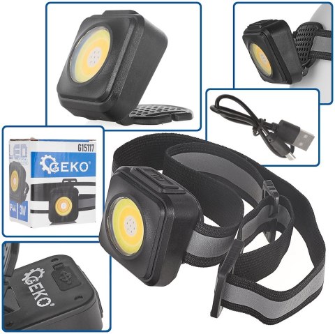 Latarka czołowa wstrząsoodporna z odblaskiem LED COB 3W 500mAh 500lm IP44 (240) Geko