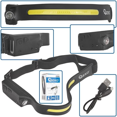Latarka czołowa z czujnikiem ruchu LED COB 3W 1W XPE 1200mAh 350lm IPX4 (100) Geko