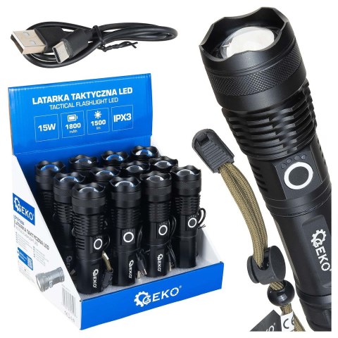 Latarka taktyczna LED XHP50 15W 1800mAh 1500lm IPX3 - kartonik wystawowy (12/48) Geko