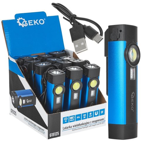 Latarka wielofunkcyjna z magnesem UV LED COB 5W 2000mAh 300lm IP54 - kartonik wystawowy (12/96) Geko