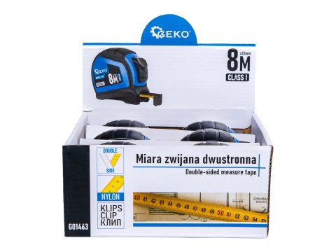Miara zwijana nylon dwustronna z autostopem 8m/25mm KLASA I - kartonik wystawowy (6/60) Geko