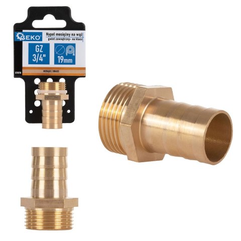 Nypel mosiężny na wąż 19mm - gwint zewnętrzny 3/4" - na klucz (250) Geko