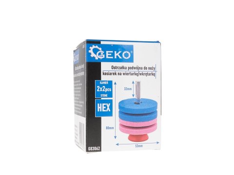 Ostrzałka podwójna do noży kosiarek na wiertarkę/wkrętarkę 2x53mm HEX (100) Geko