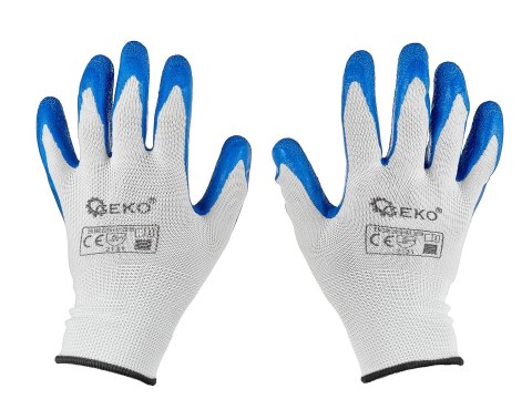 Rękawice ochronne poliestrowe r. 10 /latex biało-niebieskie/ (12/240) Geko
