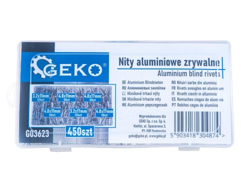 Zestaw nitów aluminiowych zrywalnych 450szt Geko