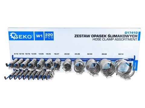 Zestaw opasek ślimakowych 220szt. wieszak (8) Geko