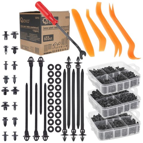 Zestaw spinek i kołków samochodowych ściągacze 655szt. Geko