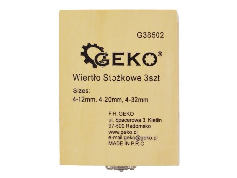 Zestaw wierteł stożkowych HSS TiN 3el.(4-12,4-20,4-32) Geko