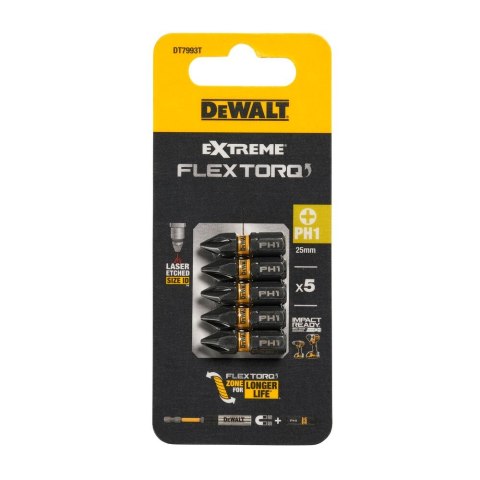 KOŃCÓWKI WKRĘTARSKIE EXTREME IMPACT® TORSION PH1/25 MM (OPAK. 5 SZT.) DEWALT DT7993T-QZ