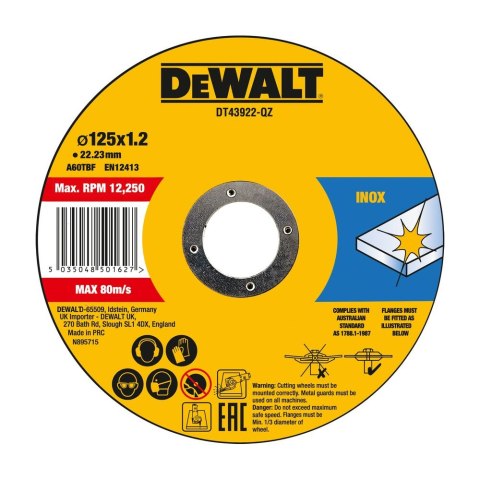 TARCZA DO CIĘCIA THIN CUT 125 X 1.2MM INOX 10X DEWALT DT43922-QZ