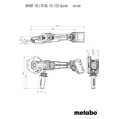 Akumulatorowa szlifierka kątowa z płaską głowicą WVBF 18 LTX BL 15-125 Quick Metabo 601308840