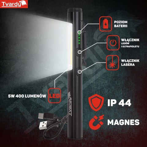 Lampa warsztatowa inspekcyjna z magnesem LED COB 5W 3W UV laser 800mAh 400lm IP44