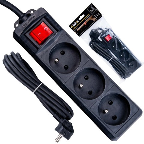 Przedłużacz elektryczny - listwa zasilająca czarna 3 gniazda 3m