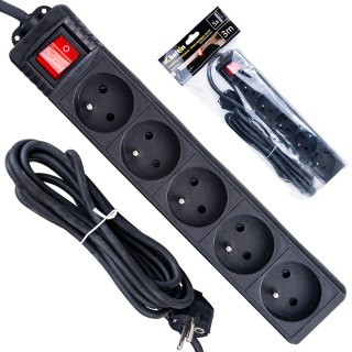 Przedłużacz elektryczny - listwa zasilająca czarna 5 gniazd 3m