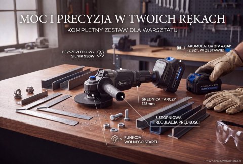 Szlifierka kątowa akumulatorowa bezszczotkowa 125mm 950W 2x4.0Ah 21V GEKO