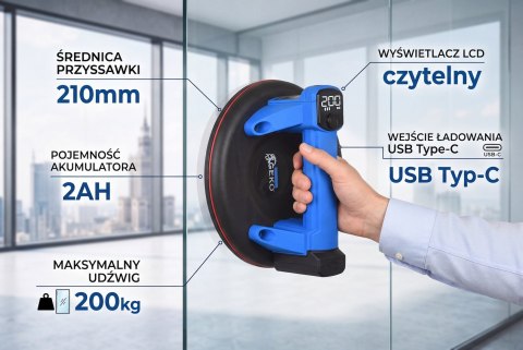 Uchwyt-Przyssawka próżniowa akumulatorowa 210mm 200kg 4.0Ah 3,7V GEKO