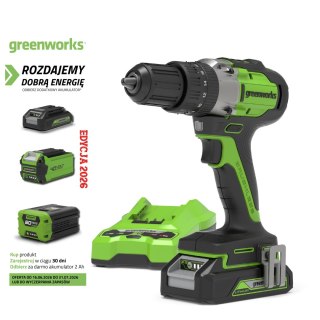 24V wiertarko-wkrętarka GD24DD60K2 Greenworks zestaw ładowarka aku 2Ah futerał miękki