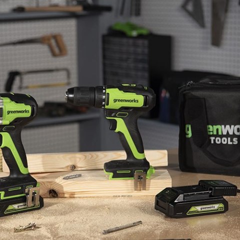 24V wiertarko-wkrętarka GD24DD60K2 Greenworks zestaw ładowarka aku 2Ah futerał miękki