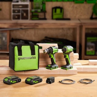 24V zestaw narzędzi Greenworks CK321 wkrętarka, zakrętarka, ładowarka, 2x aku 2Ah, futerał