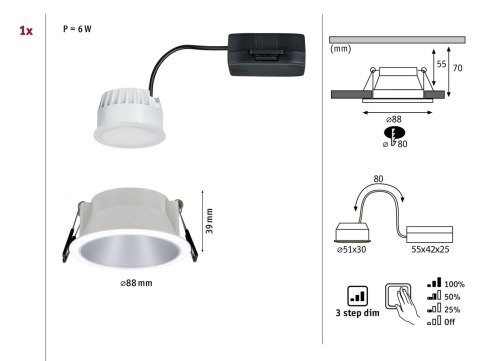 Oprawa do wbudowania COLE COIN LED 3-STEP DIM 1x6W 470lm 2700K IP44 230V biały / srebrny matowy