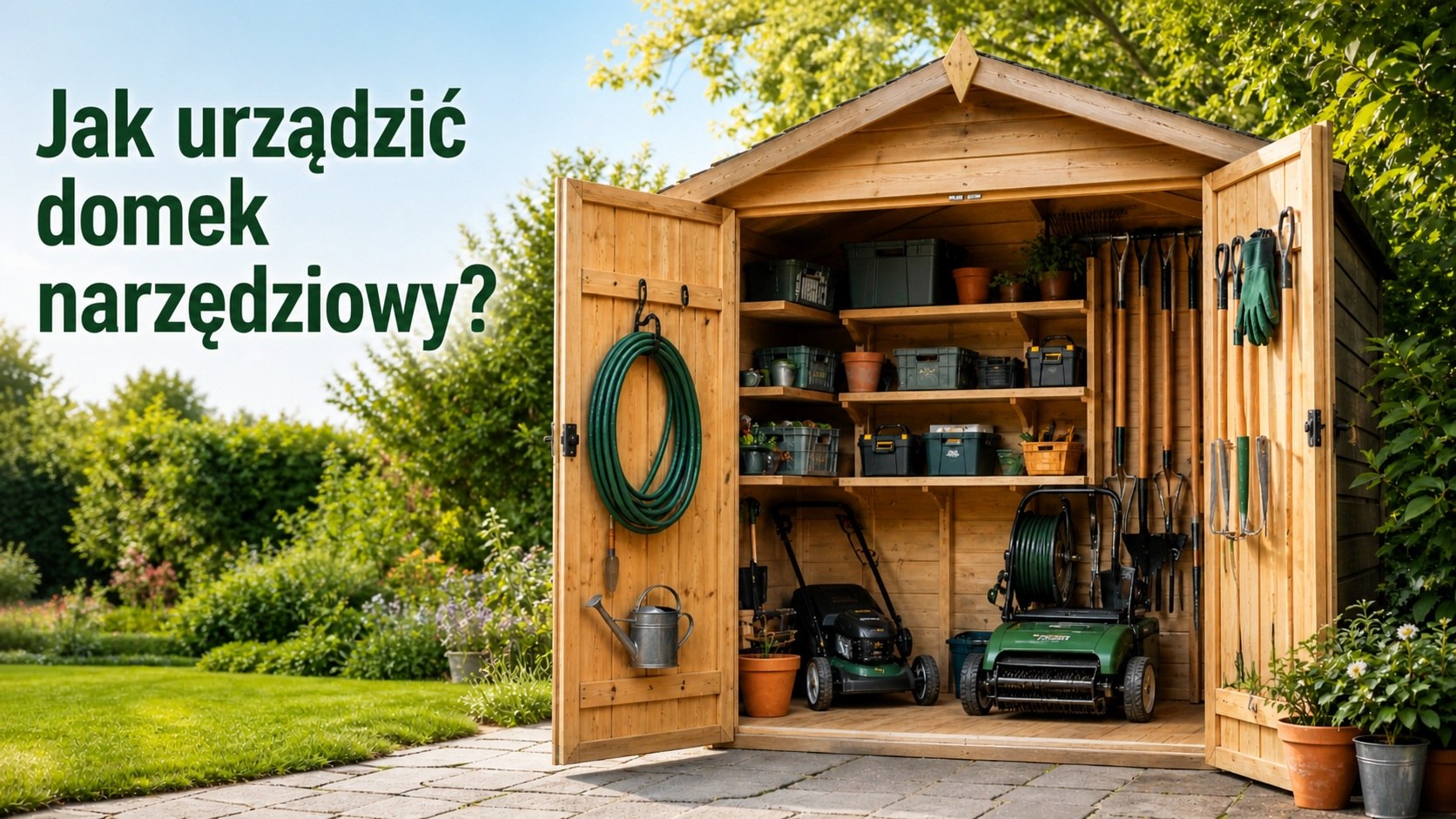 Uporządkowany domek narzędziowy z p&oacute;łkami, organizerami i narzędziami ogrodowymi